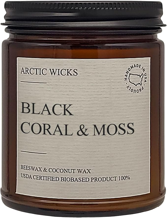 Arctic Wicks Scented Coconut Beeswax Candles | Coconut Beeswax Non Toxic Candle 9oz Amber | Farmhouse Candles Non-Toxic Clean Burn 100% USDA Certified Biobased (Black Coral & Moss)