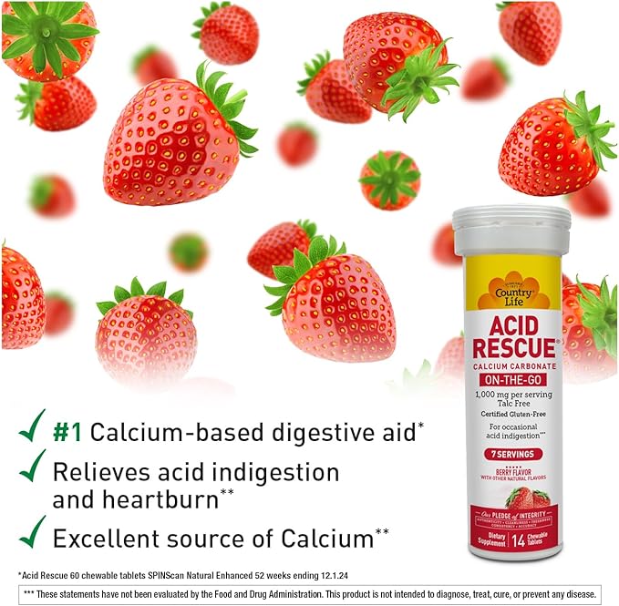 Country Life Acid Rescue On-The-Go Chewable Tablets - Certified Vegan & Gluten-Free Heartburn Relief, 400mg Calcium & Magnesium, Non-GMO, Sugar-Free Berry Flavor, Supports Bone Health, 8 Pack