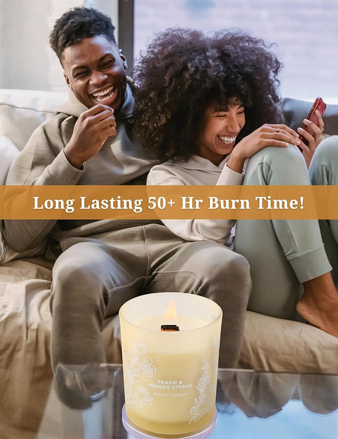 Peach Mango Citrus Scented Candle - Large Wood Wick Soy Candle 10.6 oz - Relaxing Aromatherapy Candle for Home - Highly Scented, Long-Lasting, Clean Burn, Strong Throw