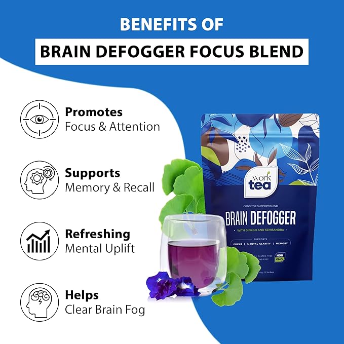 Brain Defogger Herbal Tea Bags • Supports Memory & Focus • With Ginkgo Biloba, Hibiscus & Blue Butterfly Pea Flower • Refreshing, Tangy, & Caffeine-Free • 100% Natural (25 Pyramid Tea Bags)