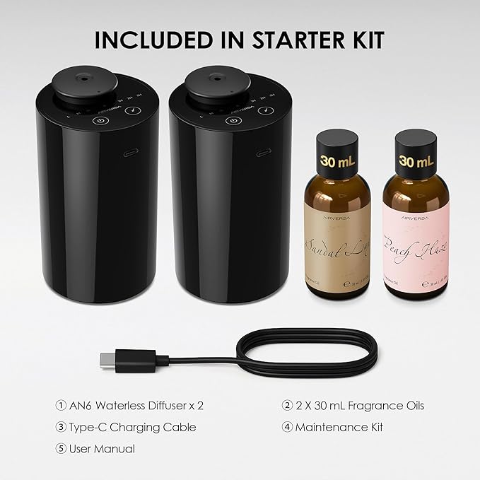 Airversa Waterless Essential Oil Diffuser Starter Kit with 2 x 30mL Fragrance Oil, Battery Operated Mini Scent Air Machine Portable Diffuser for Home Car Office Room, Black AN6 2 Packs Kit