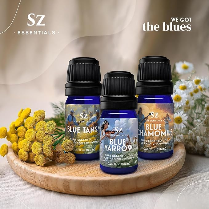 – “We Got The Blues” Essential Oils Set – Blue Tansy, Yarrow & German Chamomile – 3 x 6.5ml Bottles – 100% Pure, Natural, Undiluted – Therapeutic Grade & Vegan