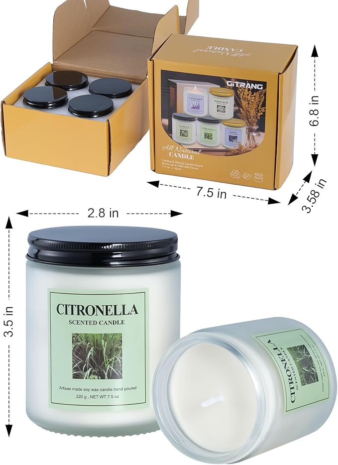4 Pack Citronella Candle Set, 30 oz 200 Hour Home Aromatherapy Jar Candles, Long Lasting Aromatherapy Candles for Bedrooms Yoga Rooms Lounges Gardens Patios Balconies and Camping