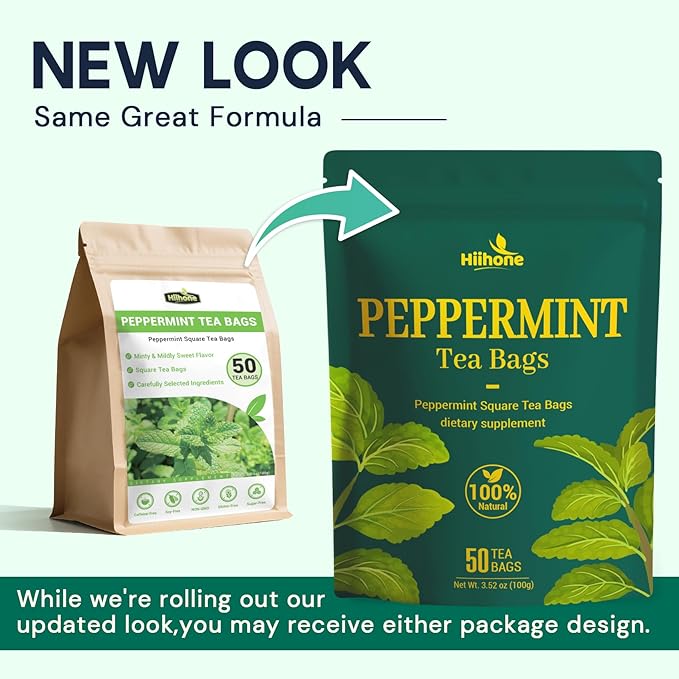 Hiihone Peppermint Tea Bags, 100% Pure Peppermint Leaves, Fresh Minty Herbal Tea, Naturally Caffeine-Free, Non-GMO, Enjoy Hot or Iced, 50 Tea Bags