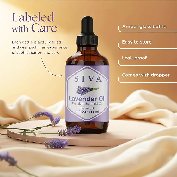 Siva Lavender Essential Oil - 4 Fl Oz – 100% Natural Lavender Oil - for Diffuser, Face, Skin Care, Aromatherapy, Hair Care, Scalp and Body Massage - with Dropper