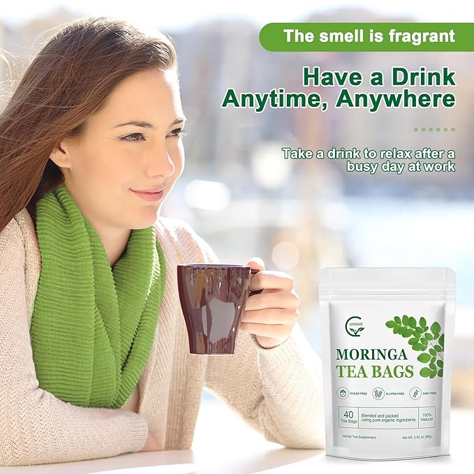 Moringa Tea Bags | 100% Pure Moringa Leaf Tea | Antioxidant-Rich, Caffeine-Free Herbal Tea | Supports Immunity, Energy & Digestion, 40 Count | Gluten-Free, Non-GMO