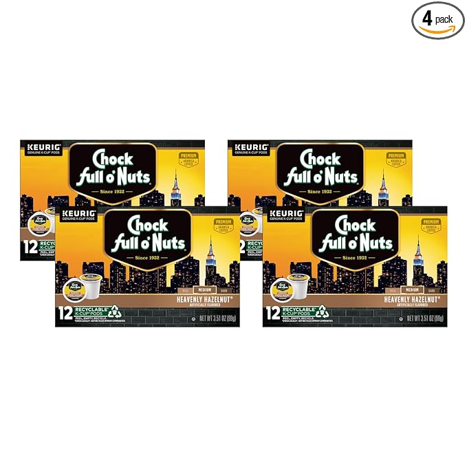 Chock Full o'Nuts Heavenly Hazelnut Coffee, Compatible with K-Cup Pods, 12 CT (Pack of 4)