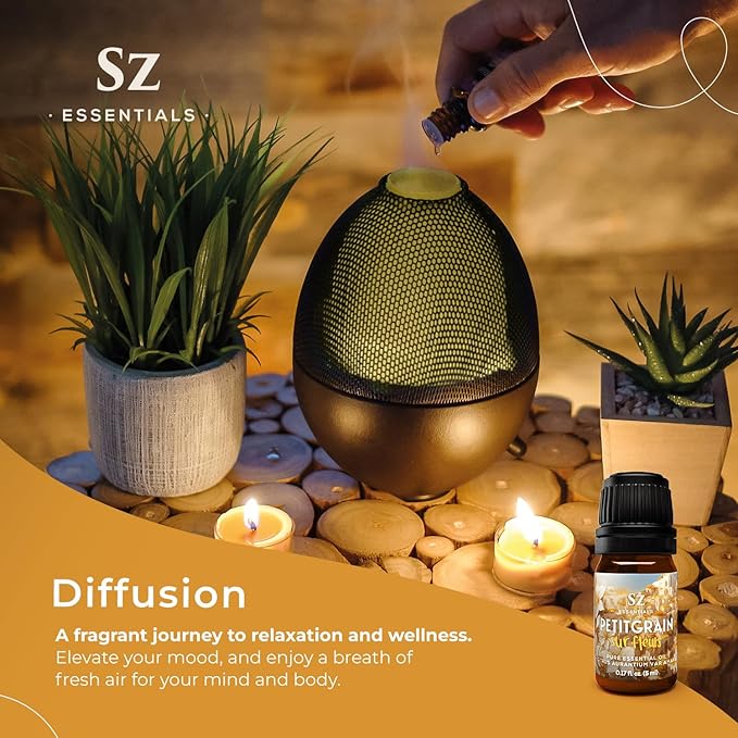 Petitgrain Sur Fleurs Essential Oil - 100% Pure and Undiluted - Extracted from Neroli-Bitter Orange Tree - Citrusy & Woody Scent with Fresh Neroli Floral Overtones - Therapeutic Grade