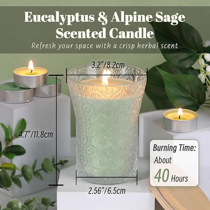 Eucalyptus & Alpine Sage Scented Candle, Galentines Valentines Mother's Day Soy Jar Candles Gift for Men Women,8 OZ Aromatherapy Candles for Home Decor