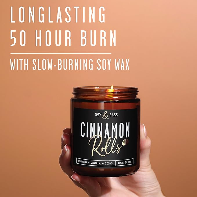 Cinnamon Candle, Fall Candles, Christmas Candles - 'Cinnamon Rolls' Autumn Scented Soy Candle for Home, 9oz Reusable Jar, 50Hr Burn, Made in USA