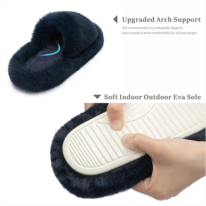 Chantomoo Women's Blue Memory Foam Faux Fur Lined Open Toe Slippers for Women - US 12