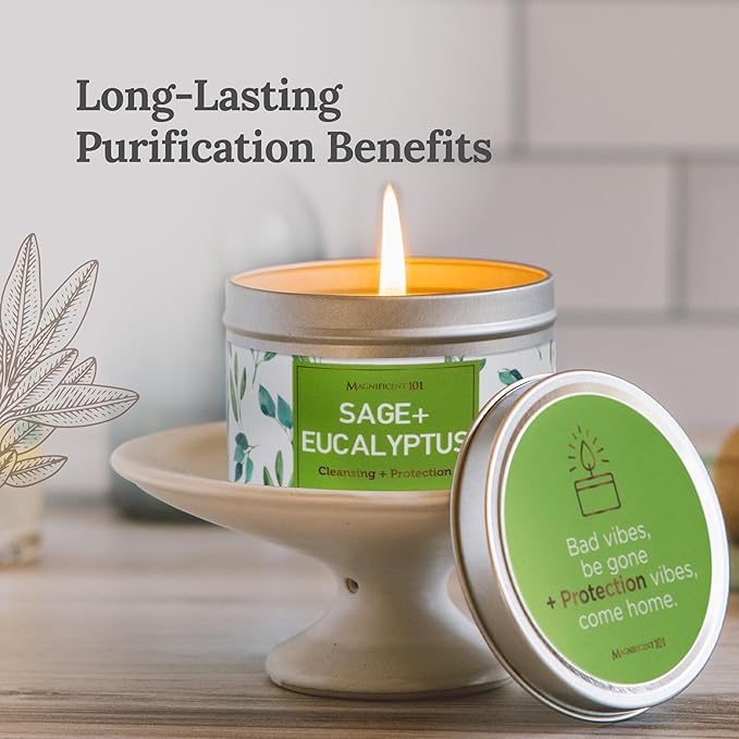 Magnificent 101 Long Lasting Sage + Eucalyptus Scented Smudge Candle - 6 Oz - 35 Hour Burn - Made of Soy Wax for Energy Cleansing & Manifestation - Fortify Life's Uncertain Path - Soy Candles