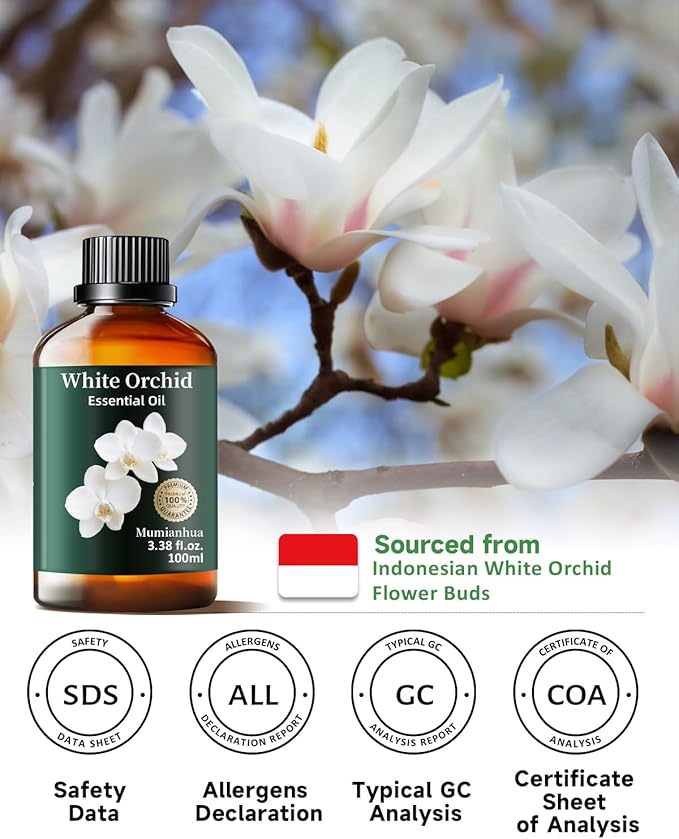 Mumianhua White Orchid Essential Oil Pure - Therapeutic Grade Aromatherapy Oil for Skin Care, Diffuser & Candle Making 100ml 3.38 Oz w/Dropper