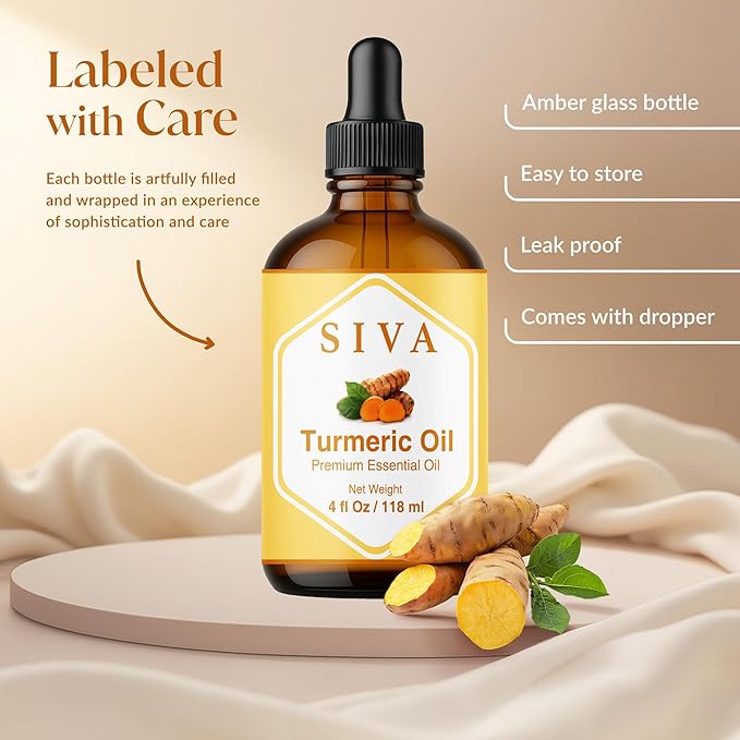 Siva Turmeric Essential Oil - 4 Fl Oz – 100% Natural Turmeric Oil - for Diffuser, Face, Skin Care, Aromatherapy, Hair Care, Scalp and Body Massage - with Dropper