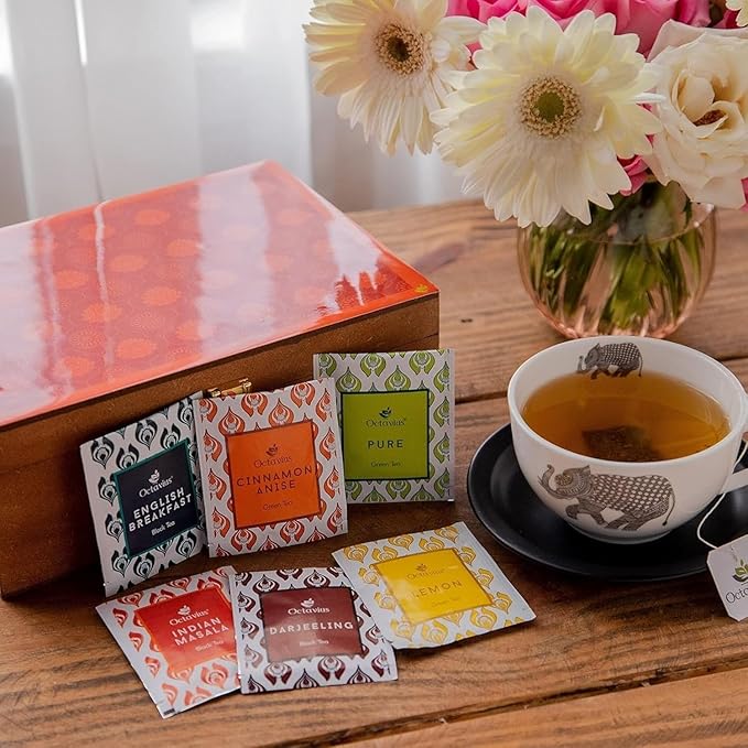 Octavius Gift's Select - Assorted Tea in Lotus Printed Wooden Box | 6 Flavors, 90 Tea Bags | Black & Green Tea | Tea Gifts for Women & Men | Tea Variety Pack