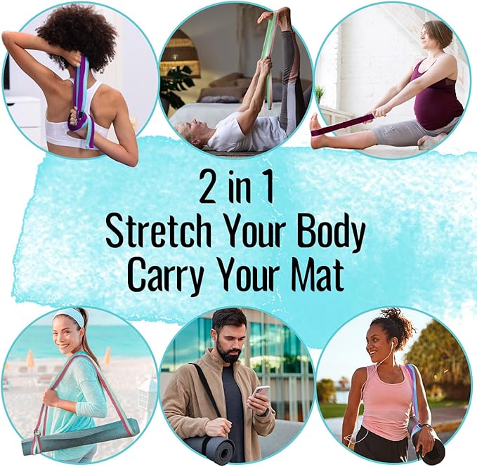 TECEUM Yoga Strap & Mat Strap – 2 IN 1 – Cotton – 6 ft 8 ft 10 ft (30+ colors) – Adjustable Non-Slip Belt for Yoga, Pilates, Stretching, Physical Therapy, Fitness & Home Workout – For Carrying Mats