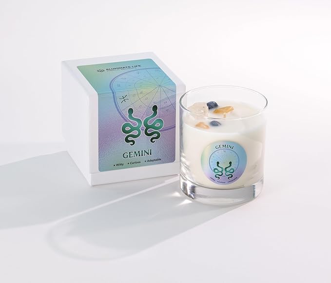 Luxury Glass Jar Candle, Gemini Zodiac Sign, 8.8 oz - Crystal Infused - Scents of Ozone, Jasmine, Moss & Wood - Made in USA, Hand Poured, Coconut-Soy Wax, Essential Oils, Dr. Developed