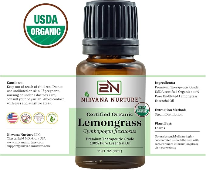 Lemongrass Essential Oil USDA Certified Organic 100% Pure Premium Therapeutic Grade, Undiluted - Aromatherapy Diffuser for Calm and Relaxation, Skin Care, Hair Care