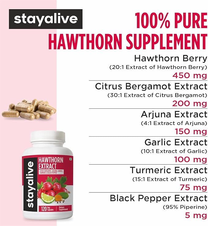 STAY ALIVE Hawthorne Berry Supplement, 20:1 Extract, 6-in-1 Hawthorn w/Citrus Bergamot, Turmeric Root Powder, Garlic, Arjuna & Black Pepper, 120 Pills, Non-GMO & Gluten-Free Hawthorn Berry Capsules