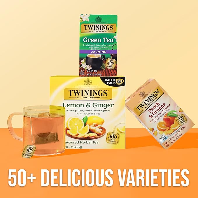 Twinings Peach & Orange Herbal Tea Individually Wrapped Bags, 20 Count (Pack of 6), Juicy & Fruity, Naturally Caffeine-Free, Enjoy Hot or Iced, 120 Teabags