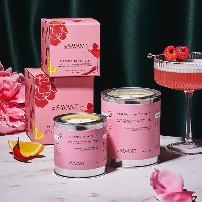 The New Savant Scented Candle - Sapphics in The City - Aesthetic Candle for Home, Raspberry, Lemon, Peony & Vanilla, Soy Wax Blend, Vegan & Cruelty-Free, 50-Hour Burn Time - 7oz