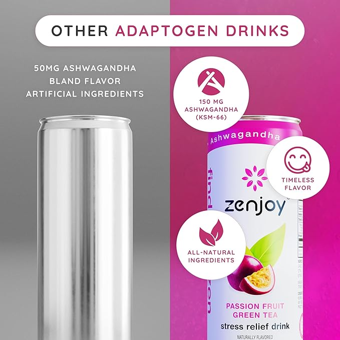 Zenjoy Stress Relief Drink, Calming Green Tea & Black Tea, Non Alcoholic, Ashwagandha & Lemon Balm for Stress Relief, L - Theanine (Variety) (12 Pack)