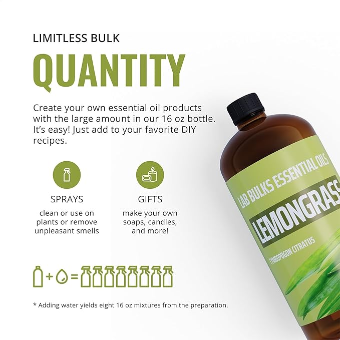 Lab Bulks Lemongrass Essential Oil 16 fl oz (Pack of 1) for Diffusers, Home Care, Candles, Hair and Room Spray