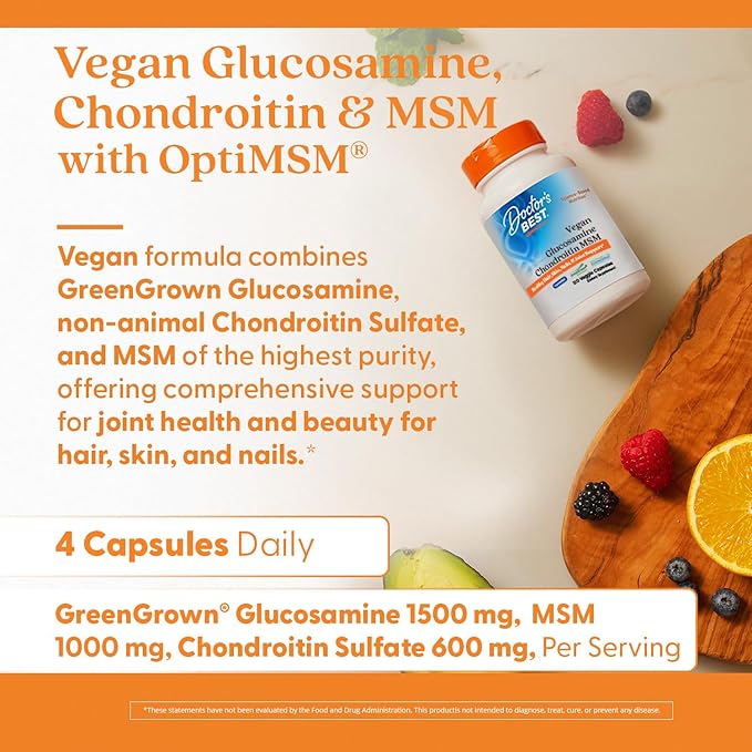 Doctors BEST Vegan Glucosamine Chondroitin MSM, Healthy Hair, Skin, Nails, & Joint Support, Non-GMO, Gluten Free, Soy Free, Vegan 120 Veggie Capsules