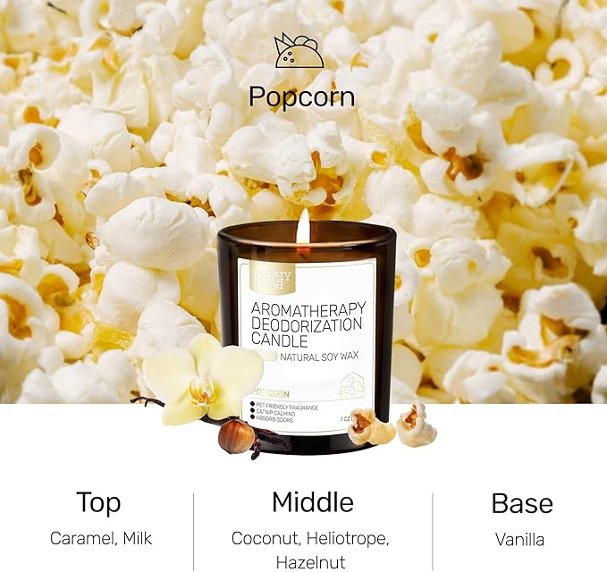 Odor Eliminating Candle, Vanilla Popcorn Scented Candle, Pet-Friendly Soy Candles, 60 Hours, 7 oz