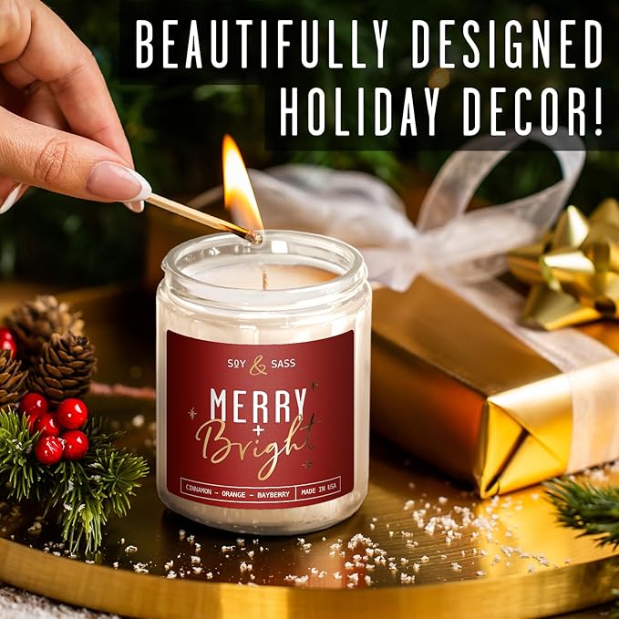 Christmas Candles Scented – ‘Merry & Bright’ Soy Christmas Candle, w/Cranberries, Cinnamon & Orange - Infused with Essential Oils I Holiday Candles I 9oz, 50Hr, Made in USA