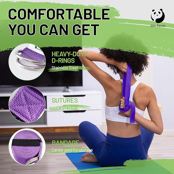 Slim Panda Yoga Strap for Stretching,Cotton Yoga Strap with Adjustable D-Ring Buckle,Non-Elastic Yoga Belt for Pilates,Gym Workouts,Physical Therapy,Improve Flexibility