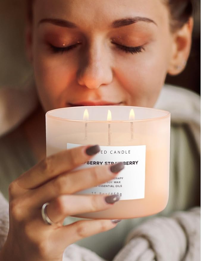 Raspberry Strawberry Vanilla 3-Wick Scented Soy Candle 15.8 oz | Large Sweet Berry Vanilla Scented Candle for Home | Stress Relief & Relaxing Aromatherapy Candle | Strong Throw & Long-Lasting