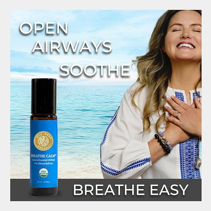 Silk Road Organic Breathe Calm Essential Oil Breathe Easy Blend Roll On, 100% Pure USDA Certified Aromatherapy for Cold, Cough, Congestion, Allergy Relief, & Wellness - 10 ml Roller