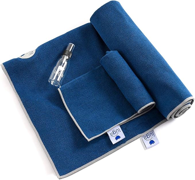 IUGA Yoga Towel for Hot Yoga Non Slip Extra Thick Yoga Mat Towel + Hand Towel 2in1 Set with Corner Pockets Super Absorbent and Quick Dry Hot Yoga Towel