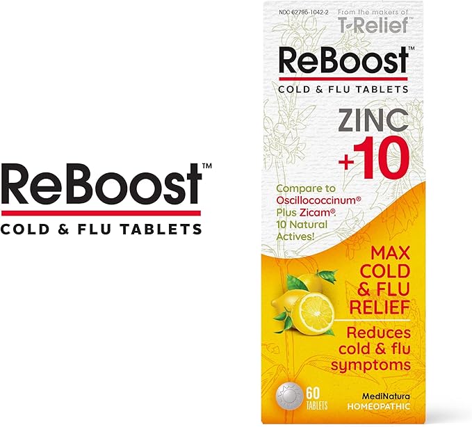 MediNatura ReBoost Cold & Flu Tablets Zinc +10 – Multi-Symptom Relief for Body Aches, Headache, Cough, Runny Nose, Mucus, Chest & Sinus Congestion – Non-Drowsy – Lemon Flavor – 60 Count