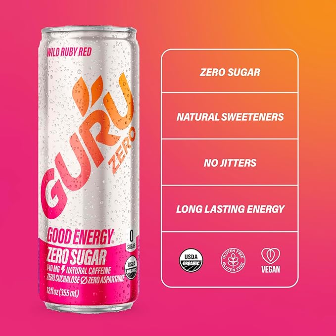 GURU ZERO SUGAR Wild Ruby Red Organic Energy Drinks, Clean Energy Drink with Plant Based Natural Caffeine from Green Tea, Coconut Water, Prebiotic, Zero Added sugars, Gluten Free and Vegan, Pre Workout, Healthy Drinks, 12oz (Pack of 24)
