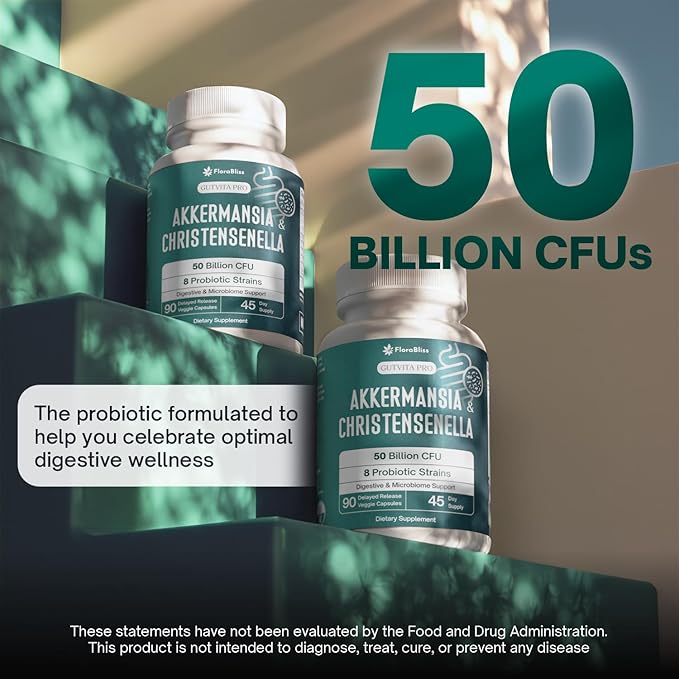 FloraBliss Christensenella Minuta and Akkermansia, Bifidobacterium longum, 8 Probiotic Strains, 50 Billion CFU, 90 Delayed-Release Capsules, with Cranberry Extract, Gut Health & Immune Support