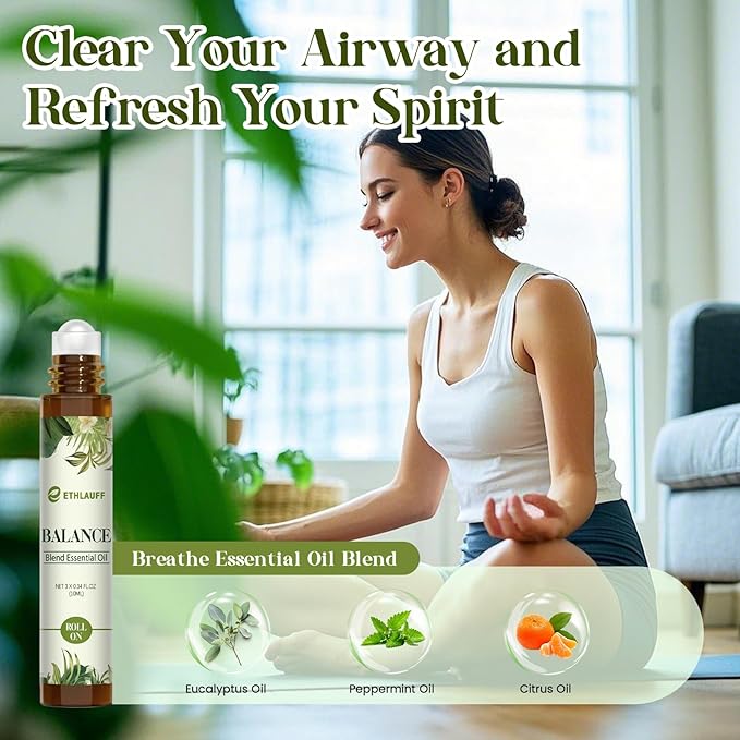 Essential Oils Roll On Set 3 Pack (Breathe, Focus on, Balance) - Essential Oil Blend Stress Relief Gift Aromatherapy Self Care Gift for Women, 3 * 10ml