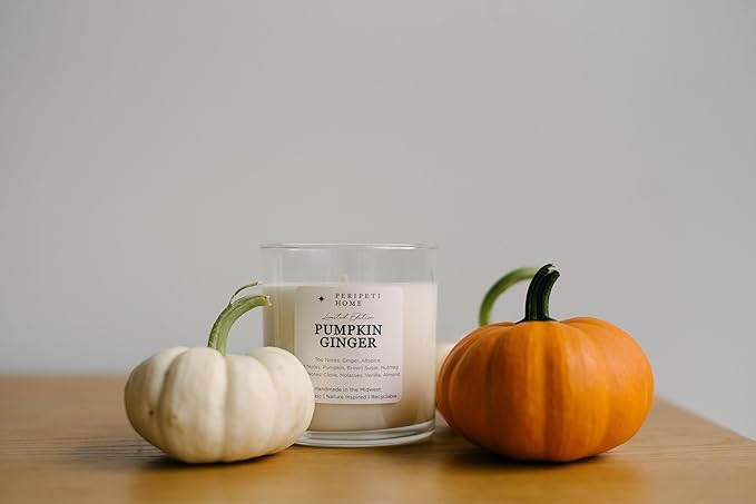 PERIPETI Home Pumpkin Ginger Scented Candle, Classic Wick – 8.5oz Natural Soy Wax for Energizing Aromatherapy, Long-Lasting Burn with a Cozy Fall Scent