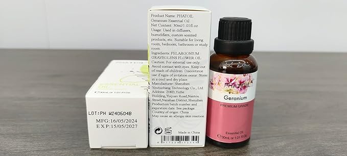 Geranium Essential Oil 1.01fl.oz/30ml, PHATOIL Premium Geranium Oils Long Lasting Scents for Aromatherapy, Diffuser, DIY Soap and Candle Making