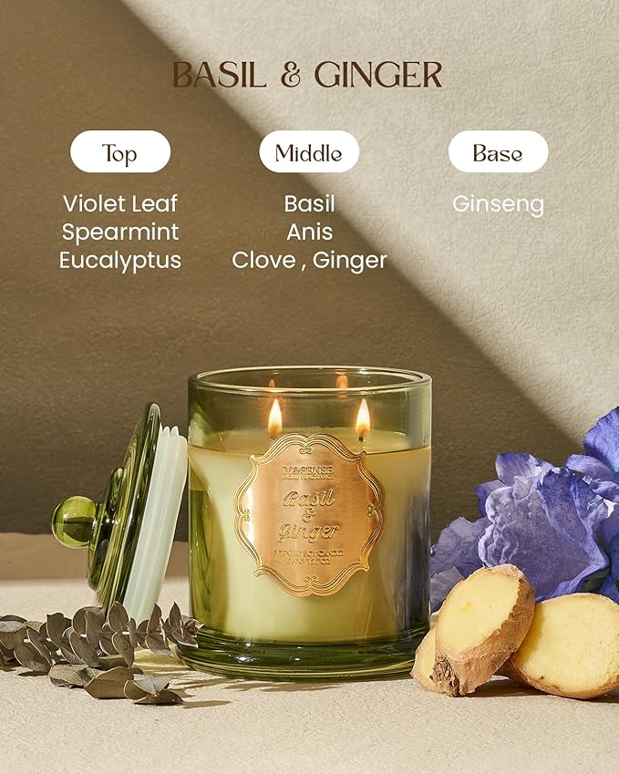 M&SENSE Basil Ginger Scented Candles, Plant-Based Soy Candles Non Toxic Soot-Free, Relaxing Air Purifying Stress Relief on Bathtub, 2 Wick 12.7oz Large Jar Candle 75 Hour Long Lasting, Father Gifts