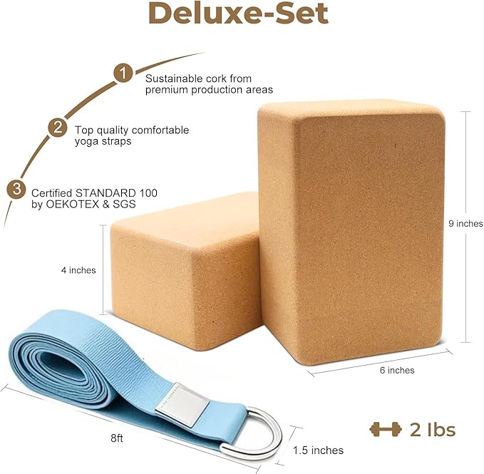 Cork Yoga Blocks 2 Pack Set -Natural Cork from Portugal, 9"x6"x4" Yoga Blocks Non-Slip&Anti-Tilt for Women| Men, Lightweight, Odor-Resistant| Moisture-Proof, Perfect Yoga Equipment