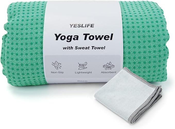YESLIFE Non-Slip Extra Thick Hot Yoga Towel with One Sweat Towel, Microfiber Sweat Absorbent Yoga Mat Towel with Grip Dot, Pilates Mat, 72" x 24", Light Green