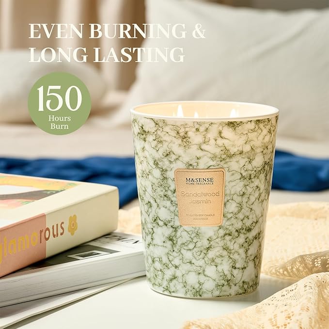 M&SENSE Extra Large Candle 35oz 150H SandalwoodJasmin Scented Candle,3 Wick Highly Scented Jar Candle, XL Candles Gift for Stress Relief, Meditation, Yoga