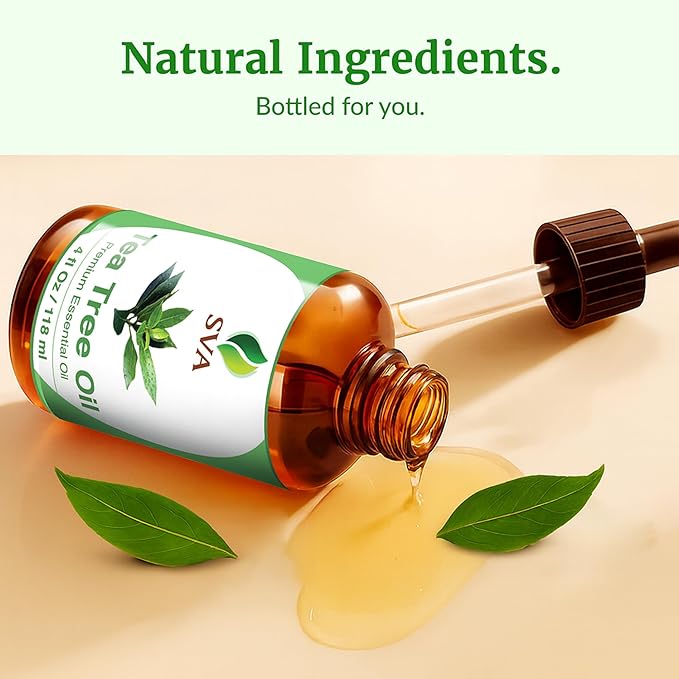 SVA Tea Tree Essential Oil – 4 Fl Oz – 100% Natural Tea Tree Oil - for Diffuser, Hair Care, Face, Skin Care, Aromatherapy, Scalp and Body Massage, Soap and Candle Making – with Dropper