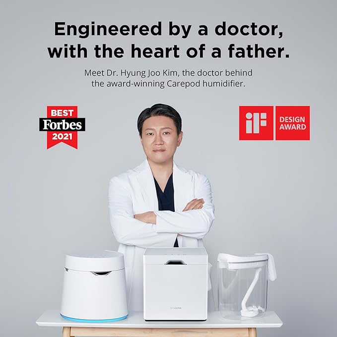Carepod One Plus with Stand - Stainless Steel Humidifier for Large Room with Mood Light, Quiet & Safe for Baby, Only 3 Washable Parts, Easy to Clean Ultrasonic Cool Mist Humidifiers for 30Hrs, 1Gal/4L