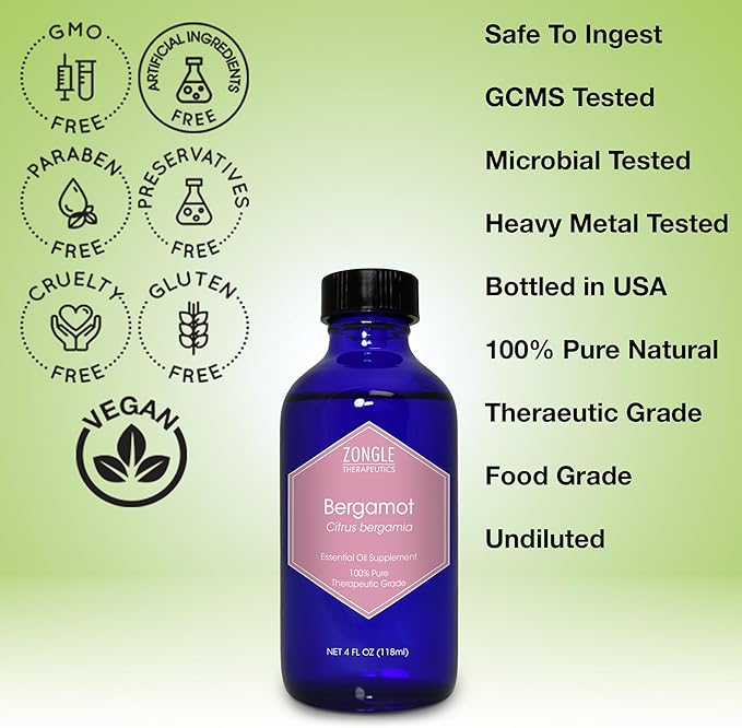 Bergamot Essential Oil, Food Grade, for Tea – 100% Pure, Bergamot Oil, by Zongle Therapeutics, 4 OZ