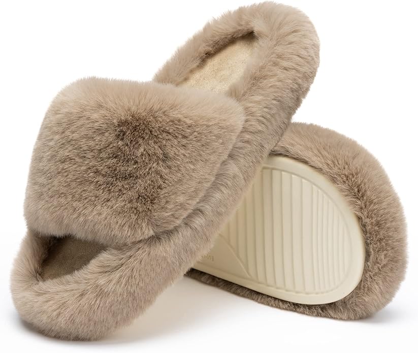 Chantomoo Women's Blue Memory Foam Faux Fur Lined Open Toe Slippers for Women - US 12