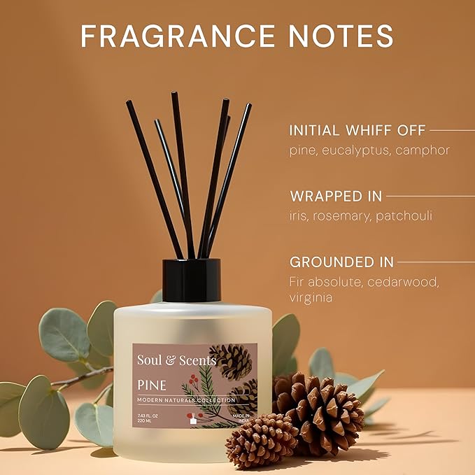 Soul & Scents Reed Diffuser Set – Pine | 7.43 oz Refillable Scented Oil with 6 Fiber Sticks | Long-Lasting Home Fragrance & Air Freshener for Bedroom, Bathroom, Office | Gift & Décor Piece