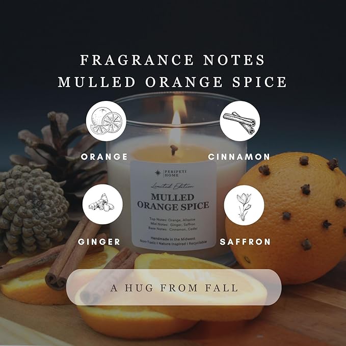 PERIPETI Home Mulled Orange Spice Scented Candle, Wooden Wick – 8.5oz Natural Soy Wax for Energizing Aromatherapy, Long-Lasting Burn
